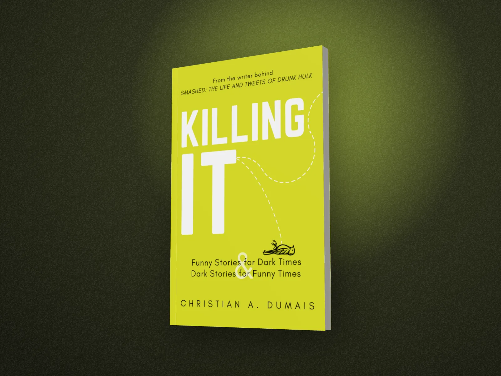 Killing It, funny stories for dark times, as a lime 3D paperback turned to show its page edges