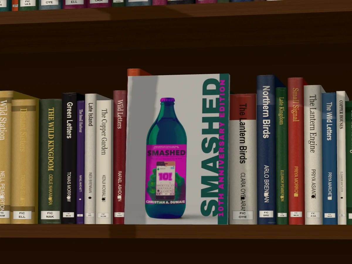 Smashed on a walnut library shelf in daylight, coming through a window